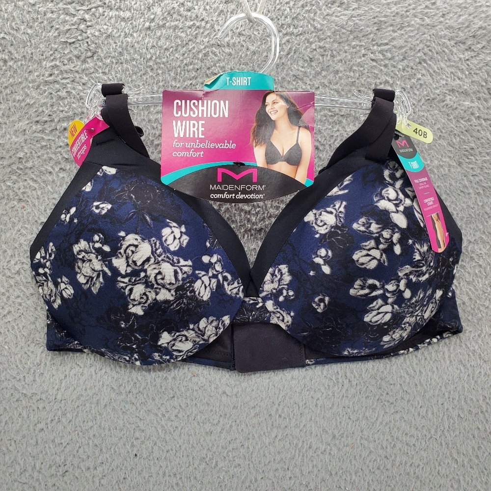 Maidenform Navy Blue and White Floral Cushion Wire T-Shirt Bra